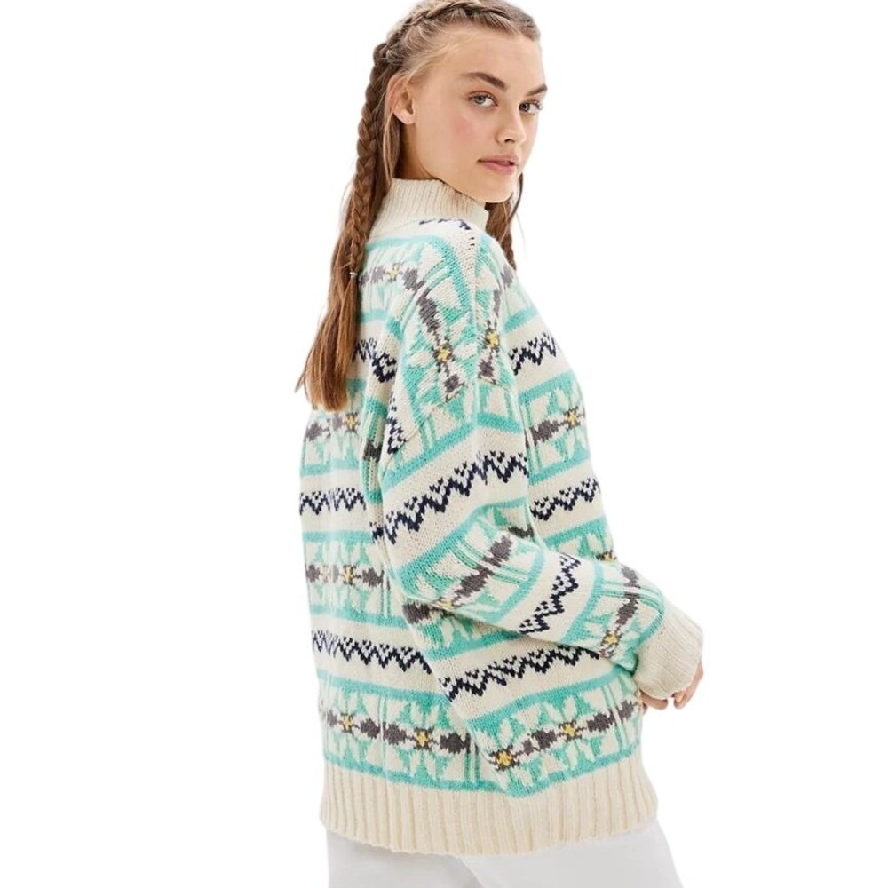 American Eagle Fair Isle Chunky Knit Sweater Women Medium Cream Oversized AE Y2K